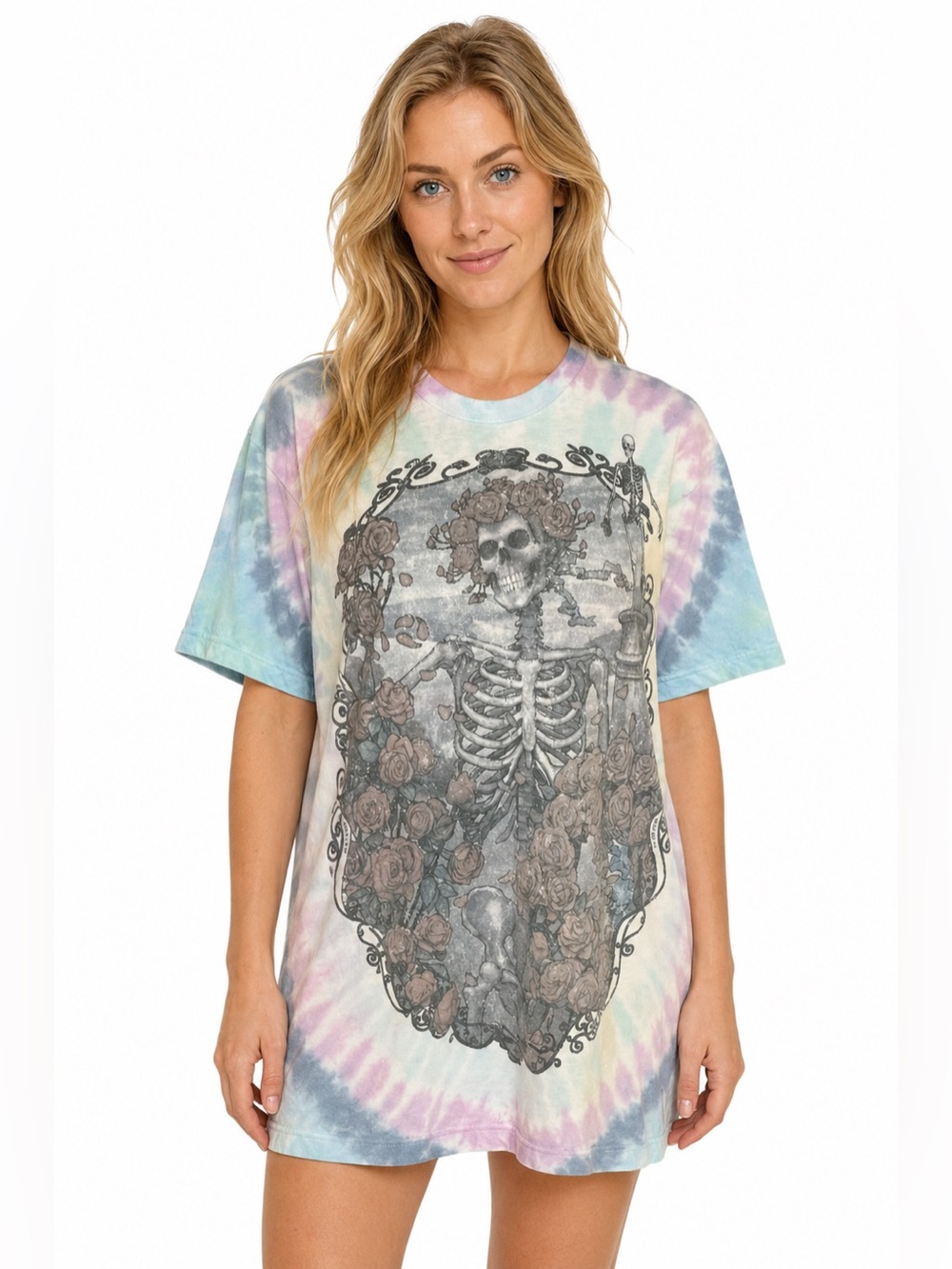 Liquid Blue Vintage Tie-Dye Bertha Skeleton Roses Graphic T-Shirt Size Medium
